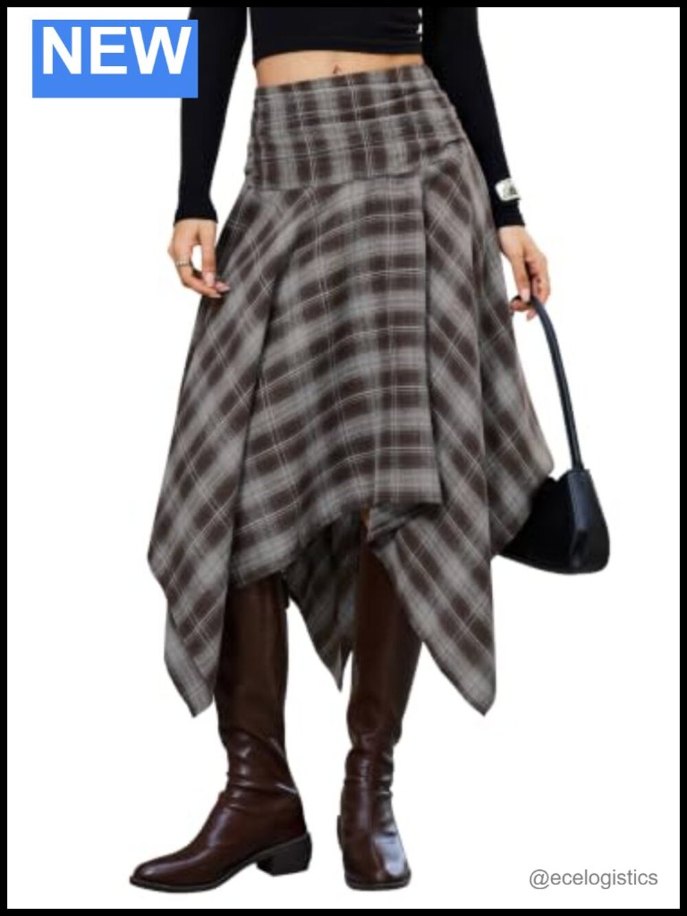 Women's Asymmetrical Plaid Midi Skirt Y2K Handkerchief High Rise Cotton Blend